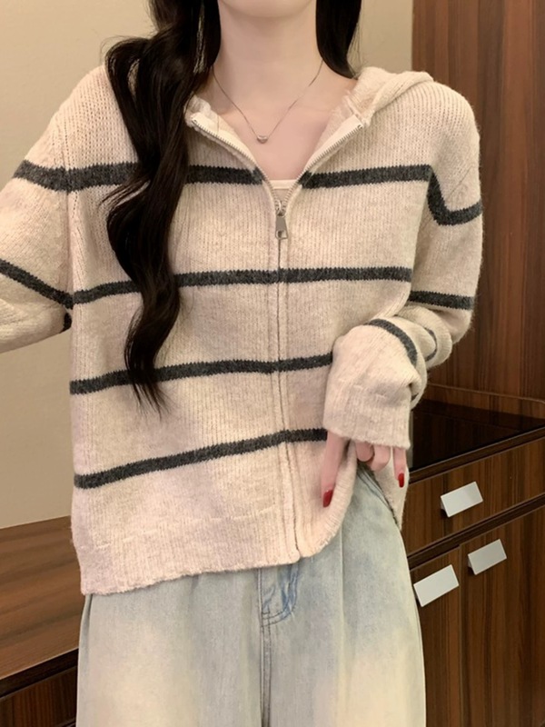 拉链连帽条纹撞色毛衣外套女2025秋冬新款休闲百搭慵懒风针织开衫|undefined