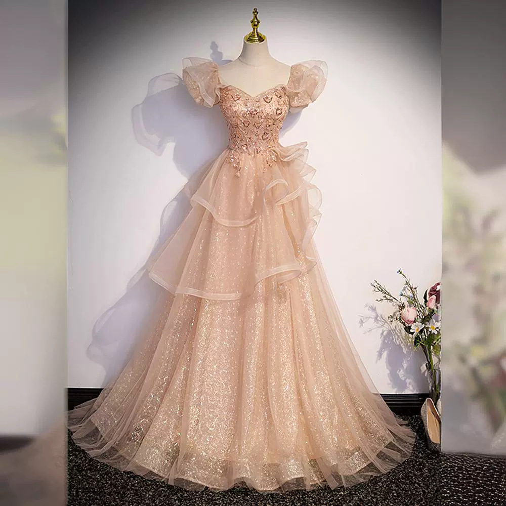 Champagne Evening Dress Female Vocal Art Examination Annual Meeting Host French Princess Dress High-end Adult Ceremony Toast Dress