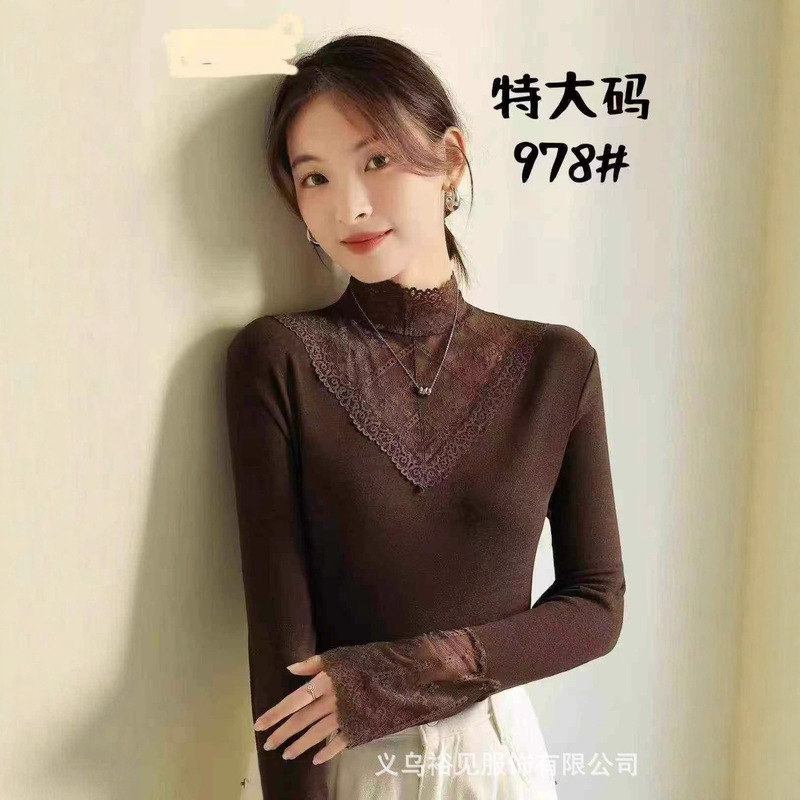 Extra Large Version 80kg Wearable Lace Top Long-sleeved Half Turtleneck Bottoming Shirt Threaded Cotton Mesh Bottoming