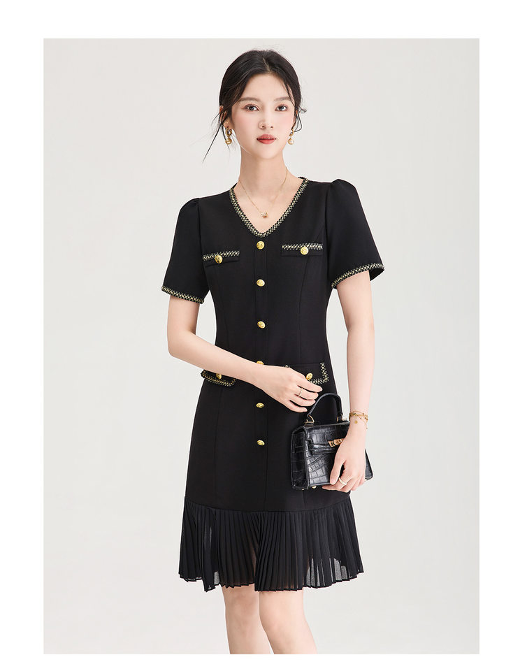 Đầm nữ cổ tròn tay ngắn thắt eo phong cách Chanel — màu đen chi tiết 16