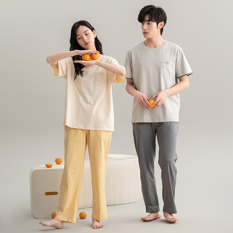 Pijamas de pareja de verano, algodón puro, manga corta, pantalones largos, estilo veraniego para hombre y mujer, estilo nuevo y sencillo para el hogar, estilo primavera y otoño 2025