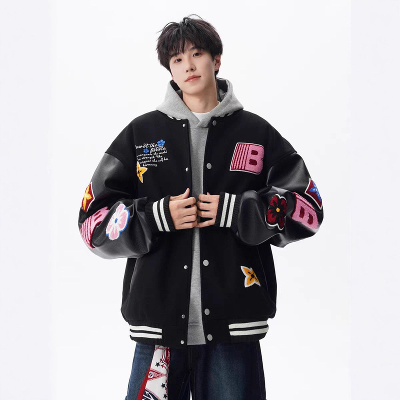 American-Style Color-Blocking Baseball Jacket for Men, Autumn and Winter Jersey Style Embroidered Cool High Street Casual Couple's Jacket