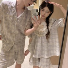 韩国ins女士韩版情侣甜美小清新格纹重工蕾丝宽松透气家居服套装