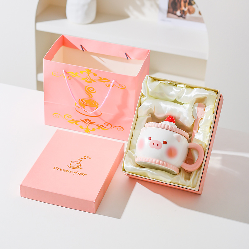 Creativa encantadora caricatura de cerámica taza de regalo rosa de corazón de niña taza de agua con cuchara de cerdo taza de gato