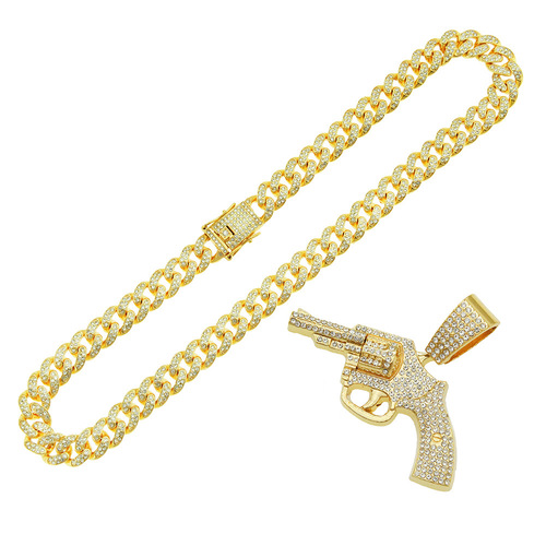 Personal cool Wish hip-hop full diamond gun pendant cuban chain necklace trendsetter night club street dance motorcycle wear match accessory