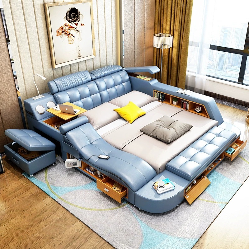 Cama de cuero genuino de 1,8 m, cama doble moderna y sencilla, cama de boda con respaldo suave, cama grande y divertida, dormitorio principal, cama moderna de 1,5 m image 2