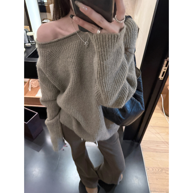 4125 #   Superniniyy Cheese & Lazy Atmosphere Normcore Curled Collar Slanted Shoulder Fluffy Encrypted Sweater