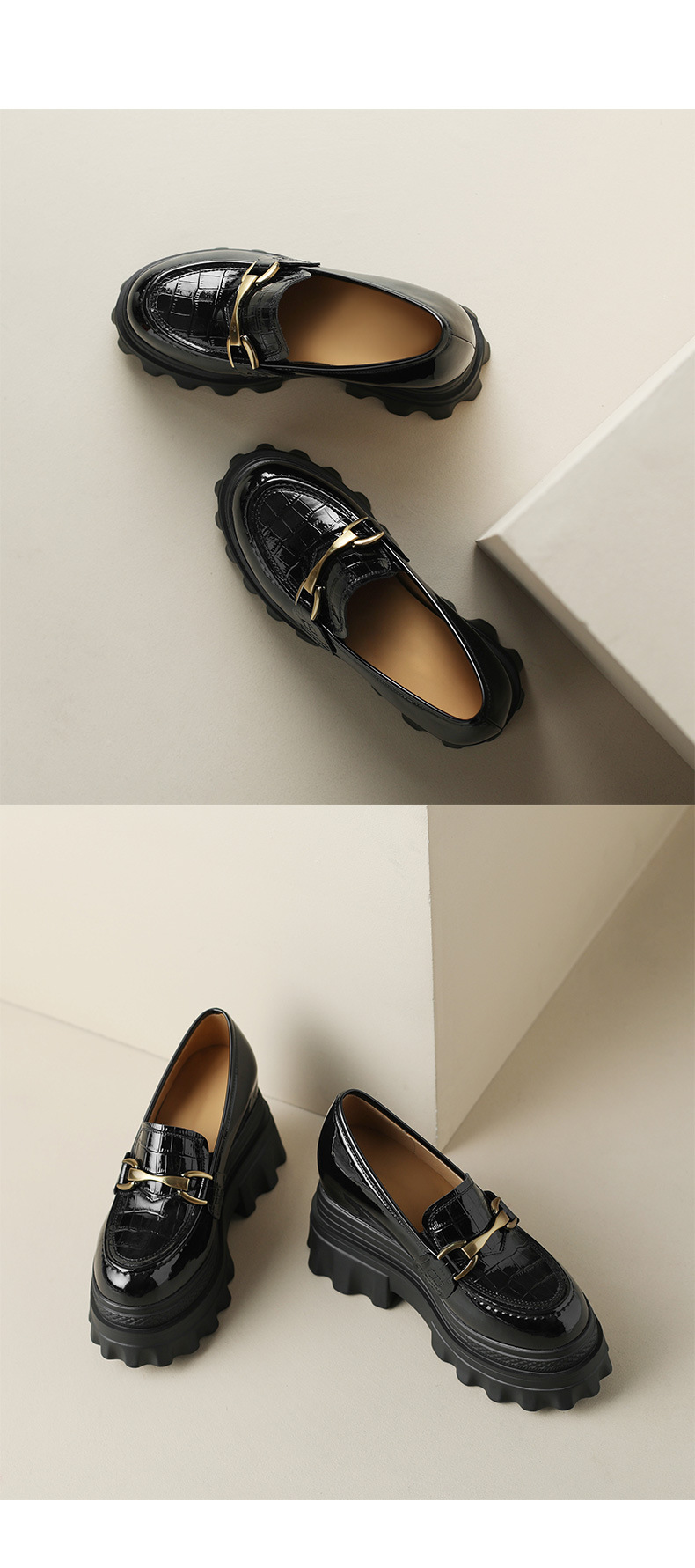 Giày loafer nữ mũi tròn đế xuồng platform tăng chiều cao, khóa kim loại — màu be, màu đen chi tiết 12