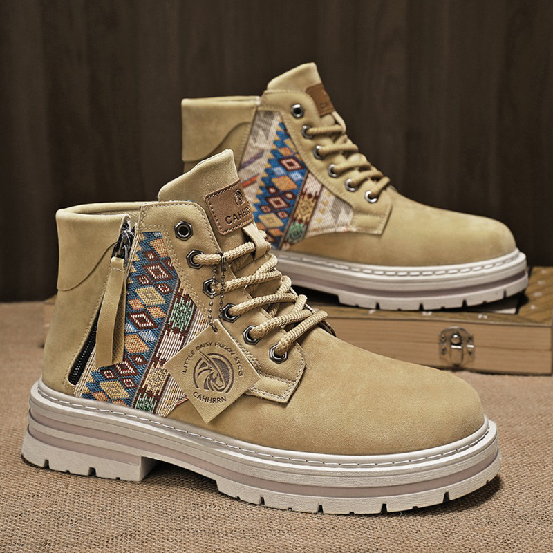 Otoño y invierno retro cuero al aire libre deportes de alta altura botas de motocicleta estilo británico con cabeza redonda botas Martin botas de hombre