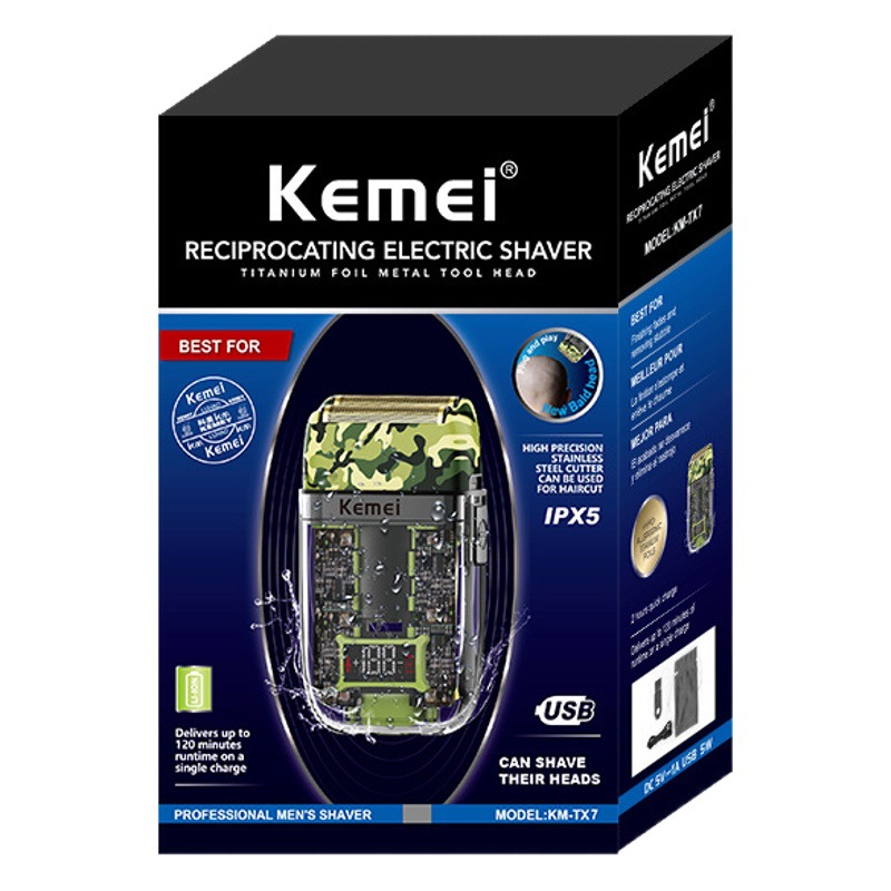 Afeitadora eléctrica Kemei KM-TX7, afeitadora recíproca transparente resistente al agua, recortadora de barba recargable por USB, portátil
