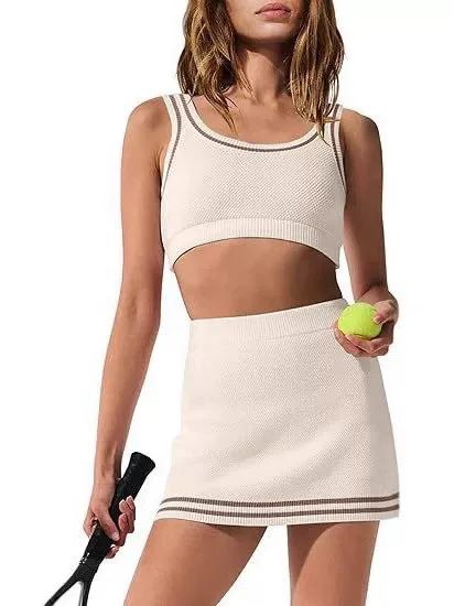Hot-selling, in-stock Amazon waffle knit set, new foreign trade tennis skirt, sports and outdoor knit tennis skirt set