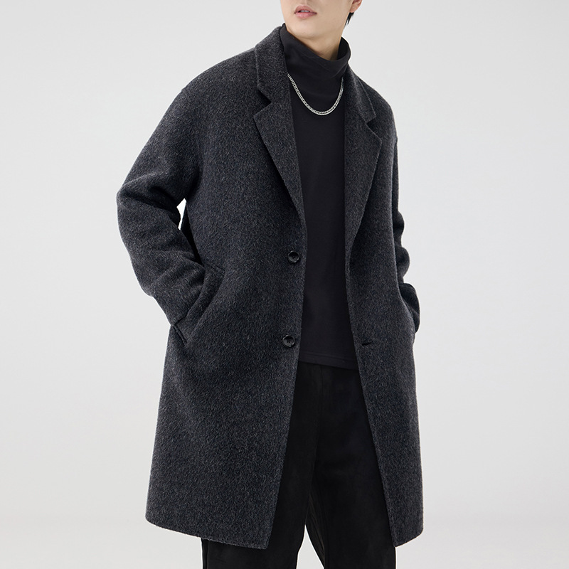 2025 invierno nuevo doble cara tweed cachemir tweed abrigo de hombre largo y medio abrigo relajado gris carbón sin image 3