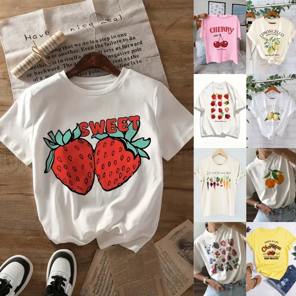 Cross-border Postage TEMU Women's Short-sleeved Amazon AliExpress Shrimp Skin European and American Fruit Strawberry Crewneck Top