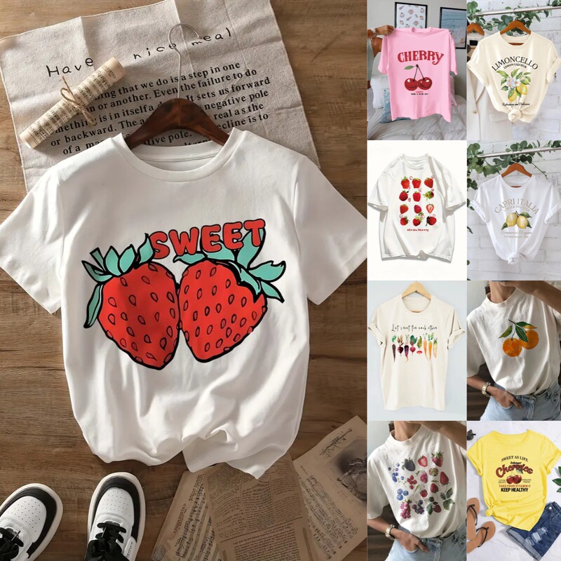 Cross-border Postage TEMU Women's Short-sleeved Amazon AliExpress Shrimp Skin European and American Fruit Strawberry Crewneck Top