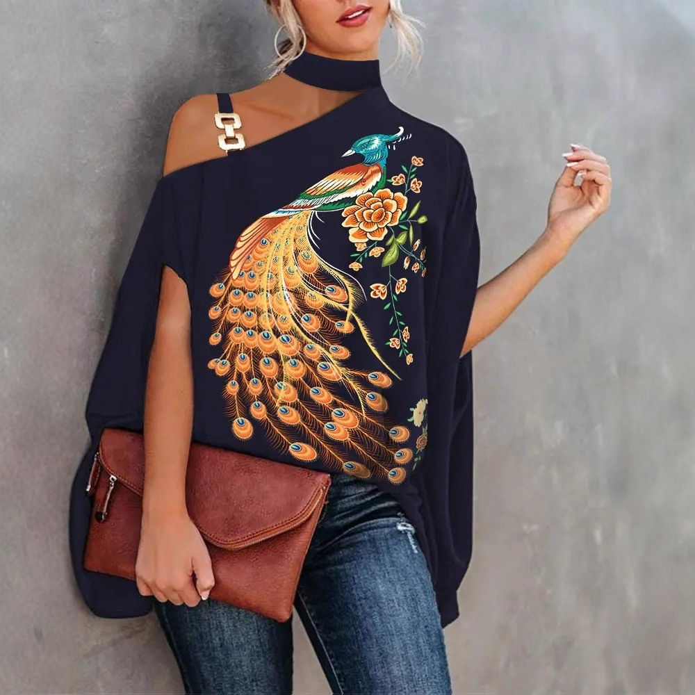 2022 estación independiente deseo Amazon popular verano Halter Batwing manga camisa impresa camisa de las mujeres ropa de mujer