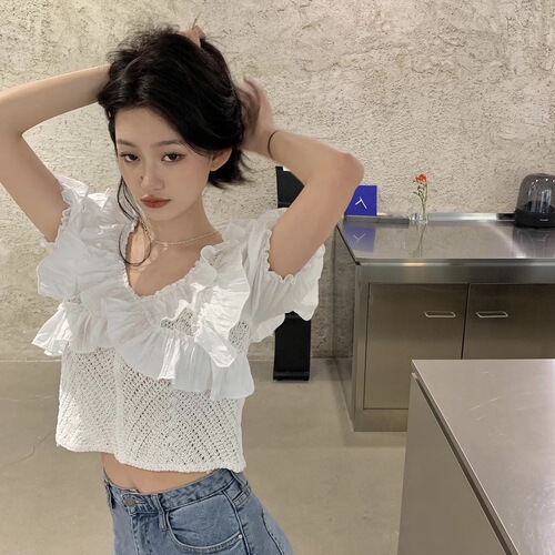 Spring New Fashion Korean Bubble Sleeve Top Chiffon Shirt Ruffled Blouse Women's Design French Niche Shirt Summer 