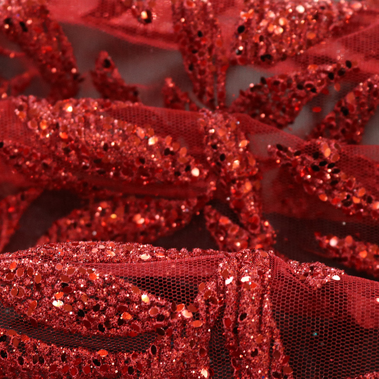2024 nuevo hilo de malla de bambú rojo espumado polvo fino polvo pulverizado oro tela de vestido de boda