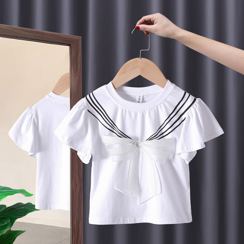 Korean children's clothing girls 2024 summer new style bow mesh short-sleeved tops children's baby girl cotton T-shirt