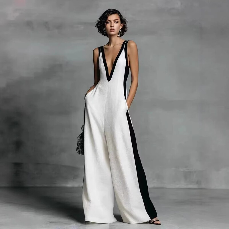 2026 Cross-Border European and American Summer Fashion Sleeveless Women's V-Neck Color-Block Wide-Leg Jumpsuit with a Light Luxury and High-End Feel