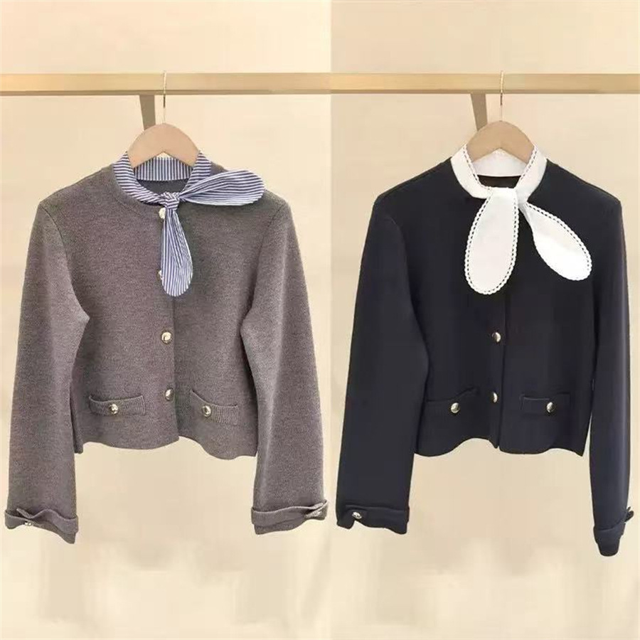 French-Style Elegant Design 2026 Early Spring Detachable Striped Bow Tie Knit Cardigan Faux Two-Piece Sweater Coat