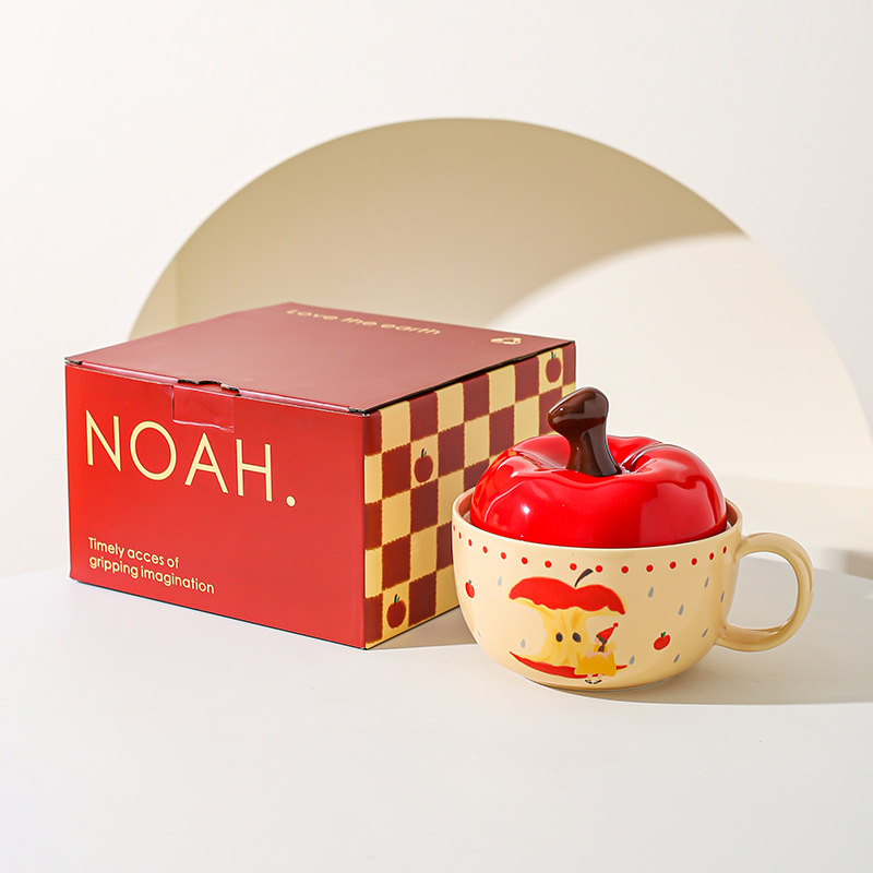 Tazón de cerámica de manzana creativo de alto valor de cara con cuchara de cubierta roja, tazón de fideos, regalo de Navidad para chicas.