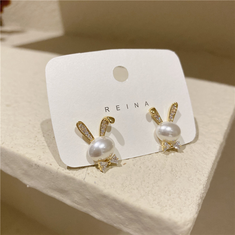 Korean version of cute rabbit earrings micro-inlaid zircon bow earrings wholesale