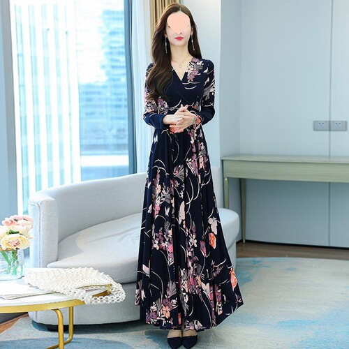 Spring and autumn long-sleeved women's dress V-neck printed slimming fashionable temperament middle-aged and old mother women's dress