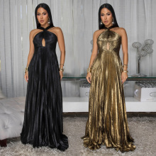 2025秋季新款欧美时尚女装优雅高级长摆烫金挂脖纯色连衣裙