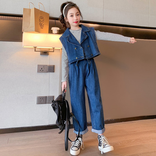 Ladycloset Spring Outfit 2024 New Children's Stylish Korean Version Girls' Junior Spring Denim Vest Pants Set of Three