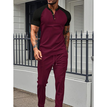 Y 75634 Waffle color block men's short sleeve set �����ƴɫ