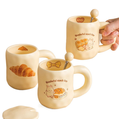 可爱奶fufu杯子面包马克杯带盖勺ins风女生陶瓷咖啡早餐杯办公室