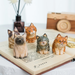 Wood Carving Retro Cat Creative Ornaments Wooden Crafts Desktop Ornaments Home Office Car Decorations Wholesale