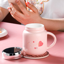 陶瓷杯子带盖镜面杯粉系爱心马克杯情侣水杯伴手礼品高颜值学生杯