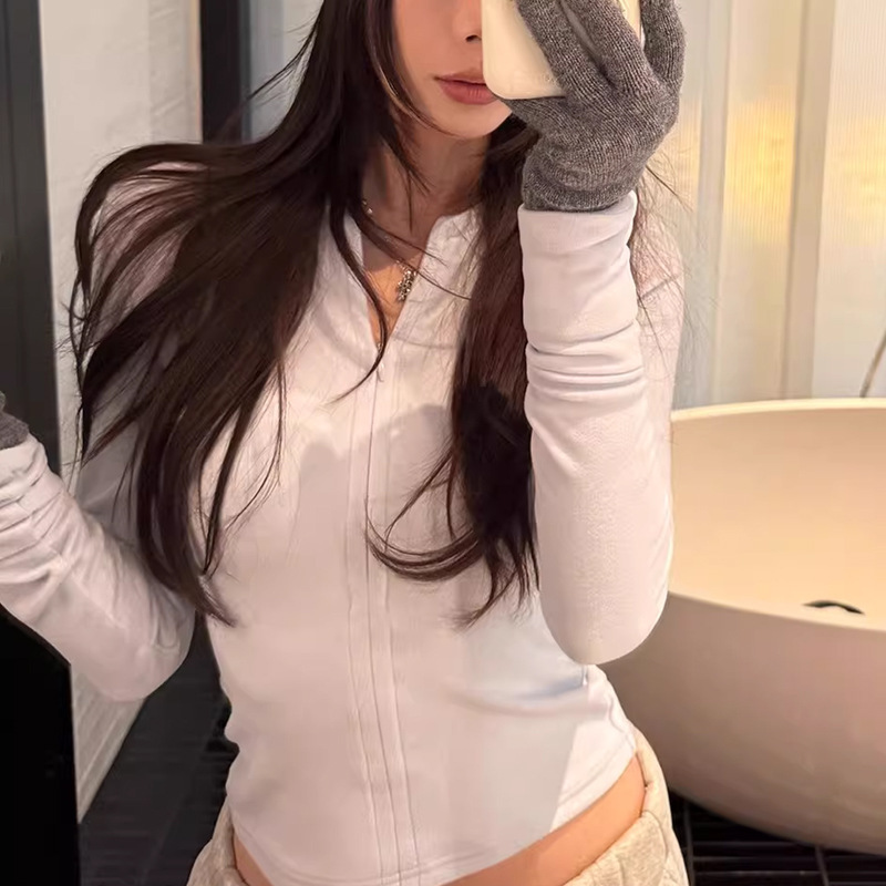 New Style Half-Open Collar Slim-Fit Long-Sleeve T-Shirt for Women, Simple and Fashionable, Age-Reducing, Suitable for All Seasons, Korean-Style Vibe Top