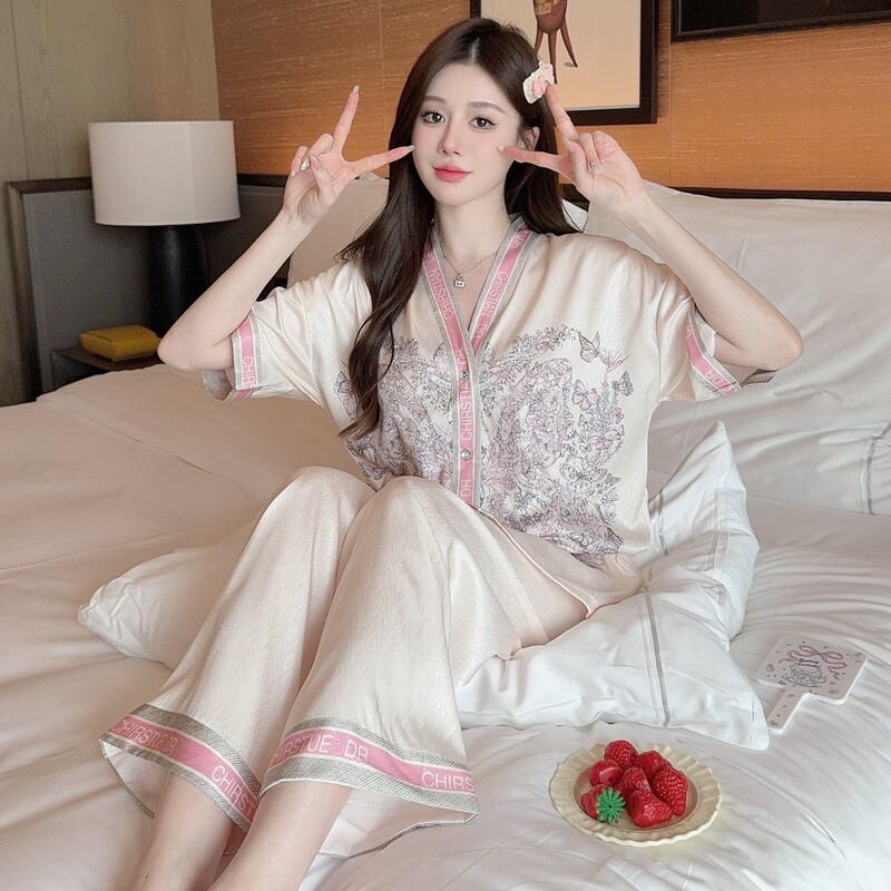 [wishing pool girl three-piece set] summer new high-end sense silk pajamas women's light luxury home clothing explosions