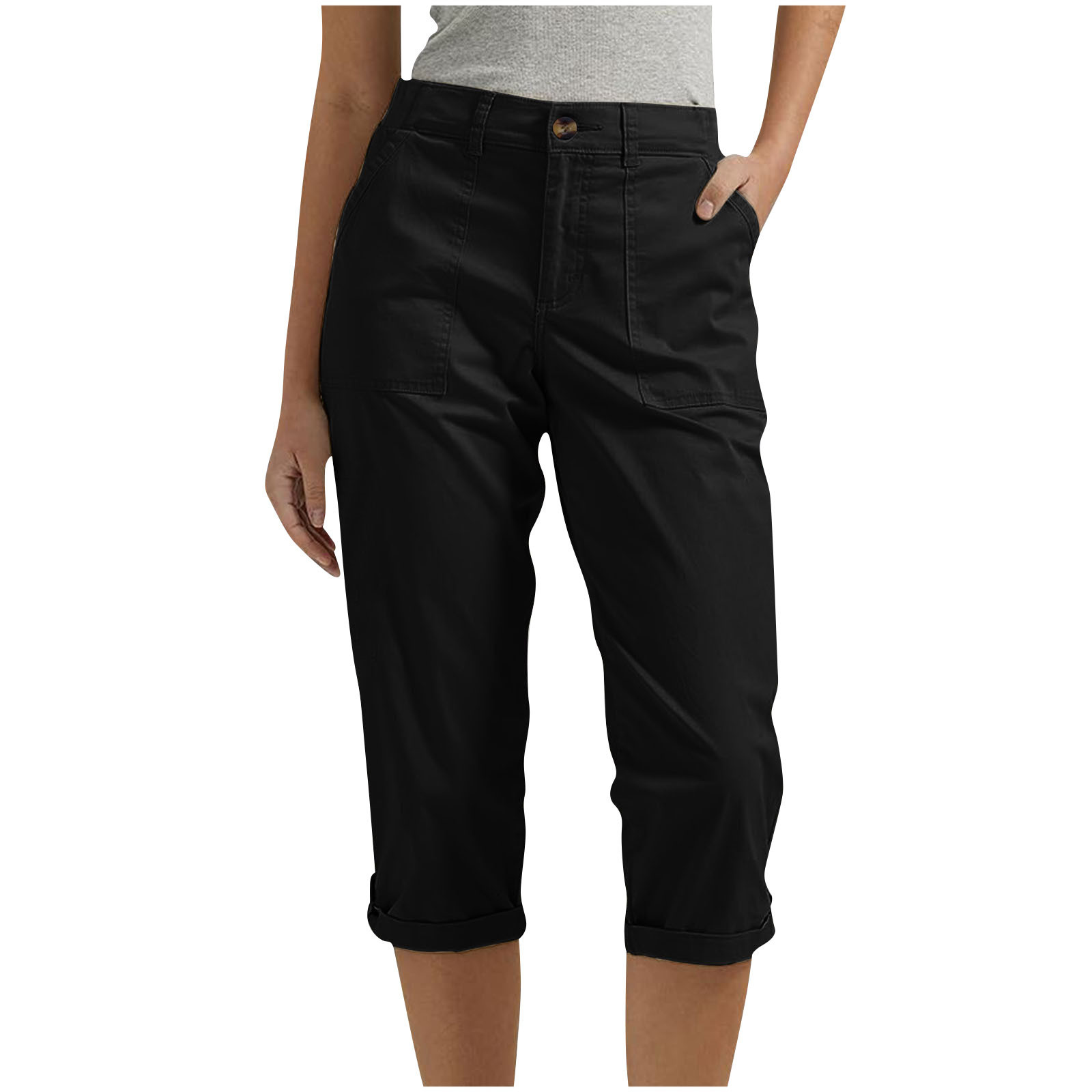 Amazon Cross-border Women's Solid Color Workwear Pants Waist Button Pants Ear Design Pants Leg Curled Women's Cropped Pants