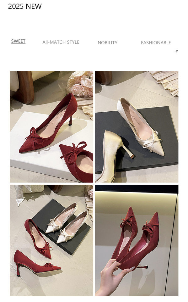 Giày cao gót nữ mũi nhọn gót 6–8 cm chất liệu nhung, thắt nơ, kiểu giày cưới cho cô dâu — Quả mơ (bổ sung), Đỏ (bổ sung) chi tiết 2