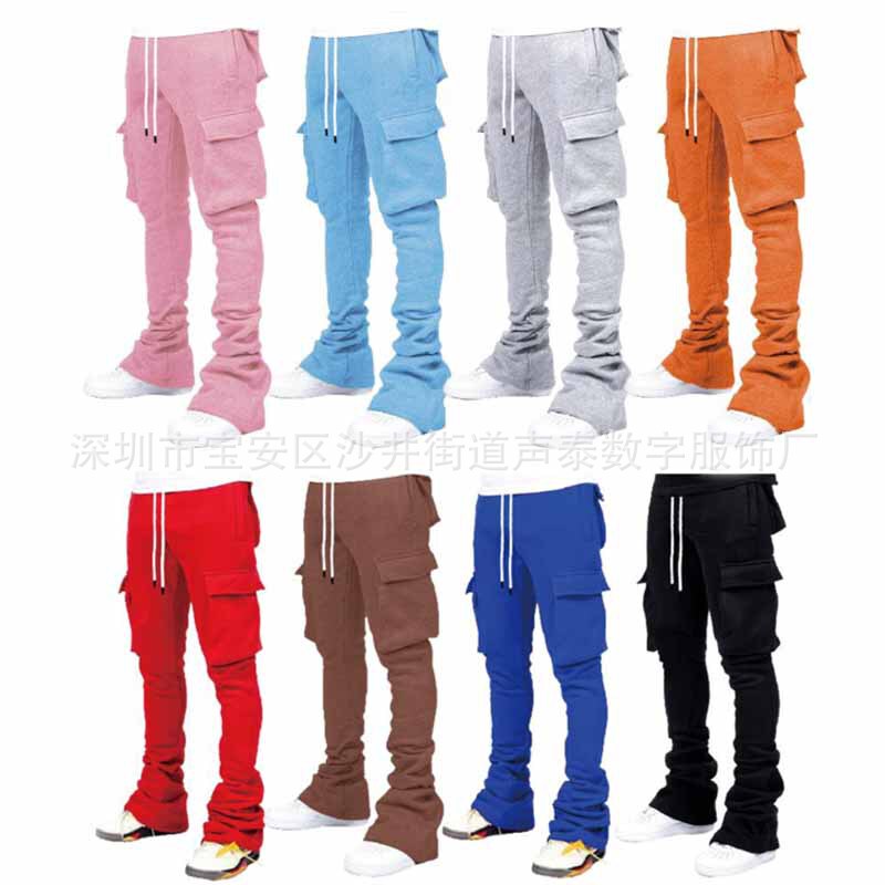 European and American autumn and winter men's solid color casual fleece-lined pocket sweatpants American fashion brand hip hop suit hiphop pile pants