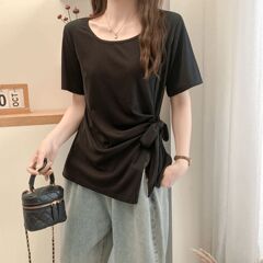 胖mm大码不规则绑带开叉设计感短袖t恤夏季遮肚百搭洋气上衣女ins