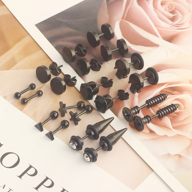 10 Pair Black Stud Round Barbell Earrings Set - Stainless Steel Men's Personality Piercing Studs detail image 15