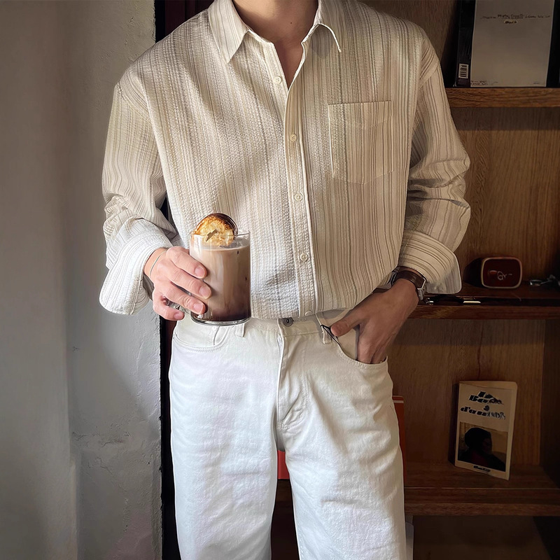 Hong Kong Style Striped Long-Sleeved Shirt for Men in Spring and Autum with Textured Niche Design, Artistic Casual, No-Iron Draped Shirt Hong Kong Style Striped Long-Sleeved Shirt for Men in Spring and Autum with Textured Niche Design, Artistic Casual, No-Iron Draped Shirt