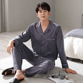 秋冬男士长袖纯棉睡衣套装中年男式莱卡棉翻领开衫全棉家居服套装