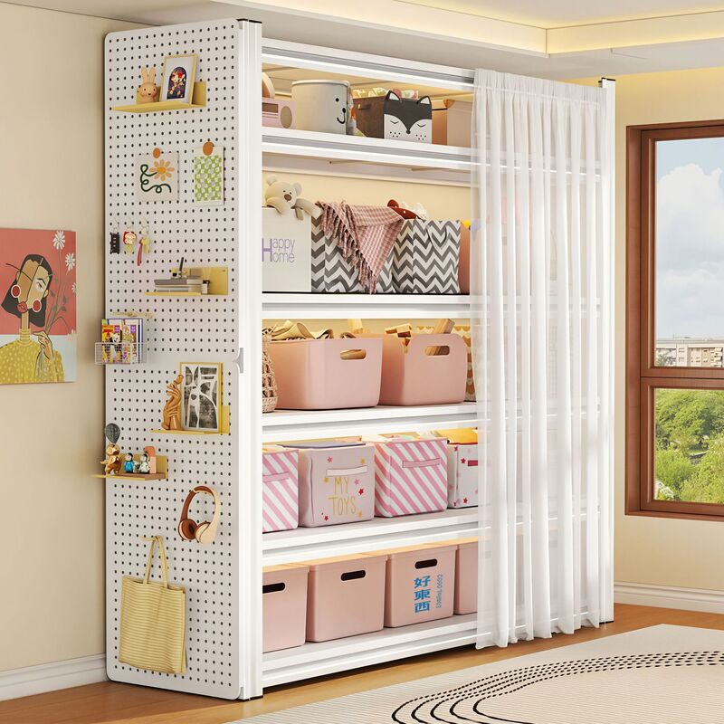 Multi-Layer Pegboard Storage Rack for Home Use, Suitable for Living Room, Bedroom, Balcony, Floor-Standing Storage Shelf with Dust-Proof Curtain Multi-Layer Pegboard Storage Rack for Home Use, Suitable for Living Room, Bedroom, Balcony, Floor-Standing Storage Shelf with Dust-Proof Curtain