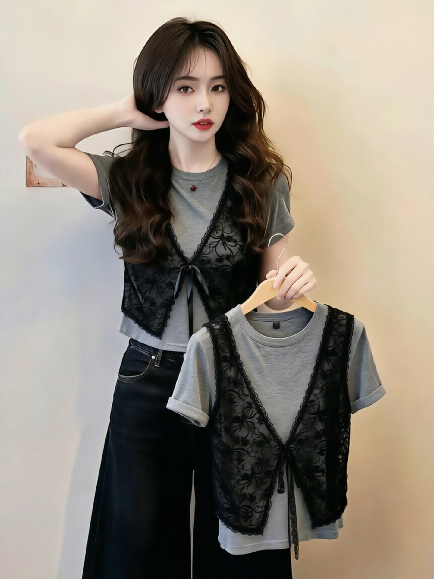 Áo thun nữ cổ tròn tay ngắn ren giả hai lớp phối ren eo — màu xám chi tiết 1