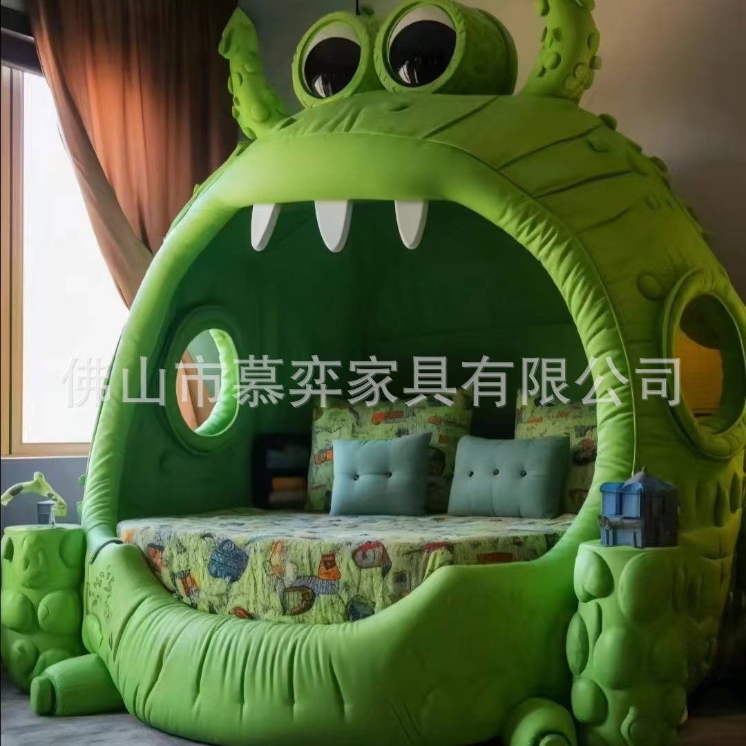 网红创意大型二次元动物青蛙怪兽床真皮布艺毛绒轻奢极简奶油风床