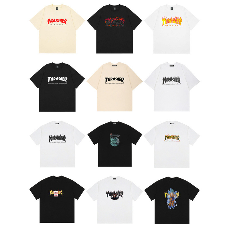 Cross-Border Foreign Trade European and American Trendy Brand Thrasher Short-Sleeve Flame T-Shirt for Men and Women, Students, Couples, Loose Fit, Versatile Top Cross-Border Foreign Trade European and American Trendy Brand Thrasher Short-Sleeve Flame T-Shirt for Men and Women, Students, Couples, Loose Fit, Versatile Top