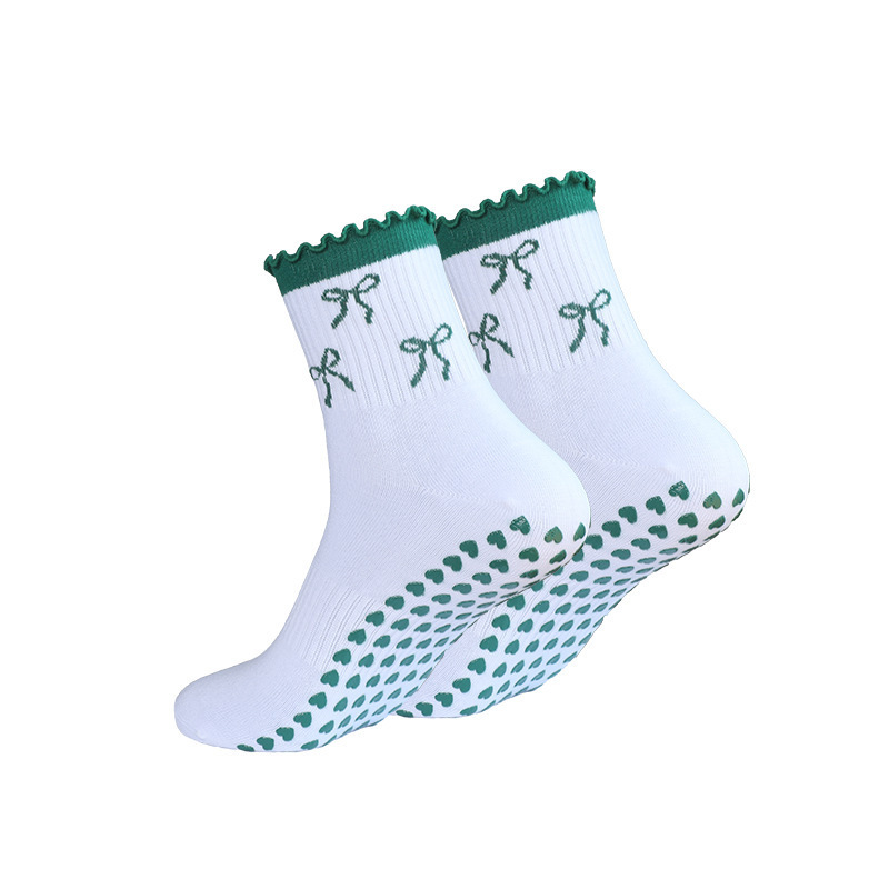 Gentle bowknot ruffled mid-calf cotton socks for home fitness and yoga, with anti-slip rubber dots on the soles, suitable for daily casual wear Gentle bowknot ruffled mid-calf cotton socks for home fitness and yoga, with anti-slip rubber dots on the soles, suitable for daily casual wear