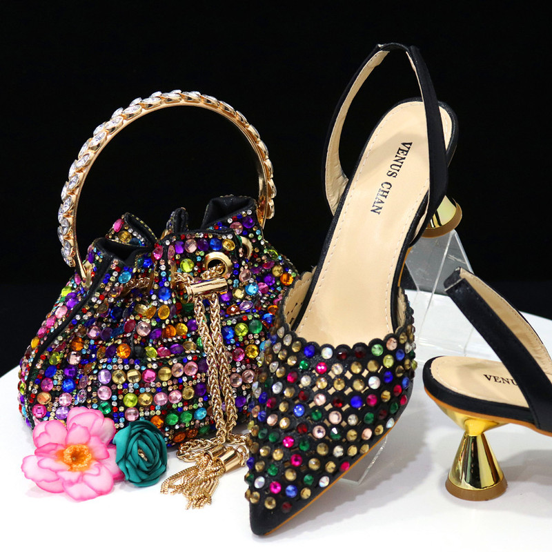 2023 European and American Cross-Border Spot Colorful Stone Bucket Handbag with Pointed Toe Women's Flats Mid-Heel Electricity