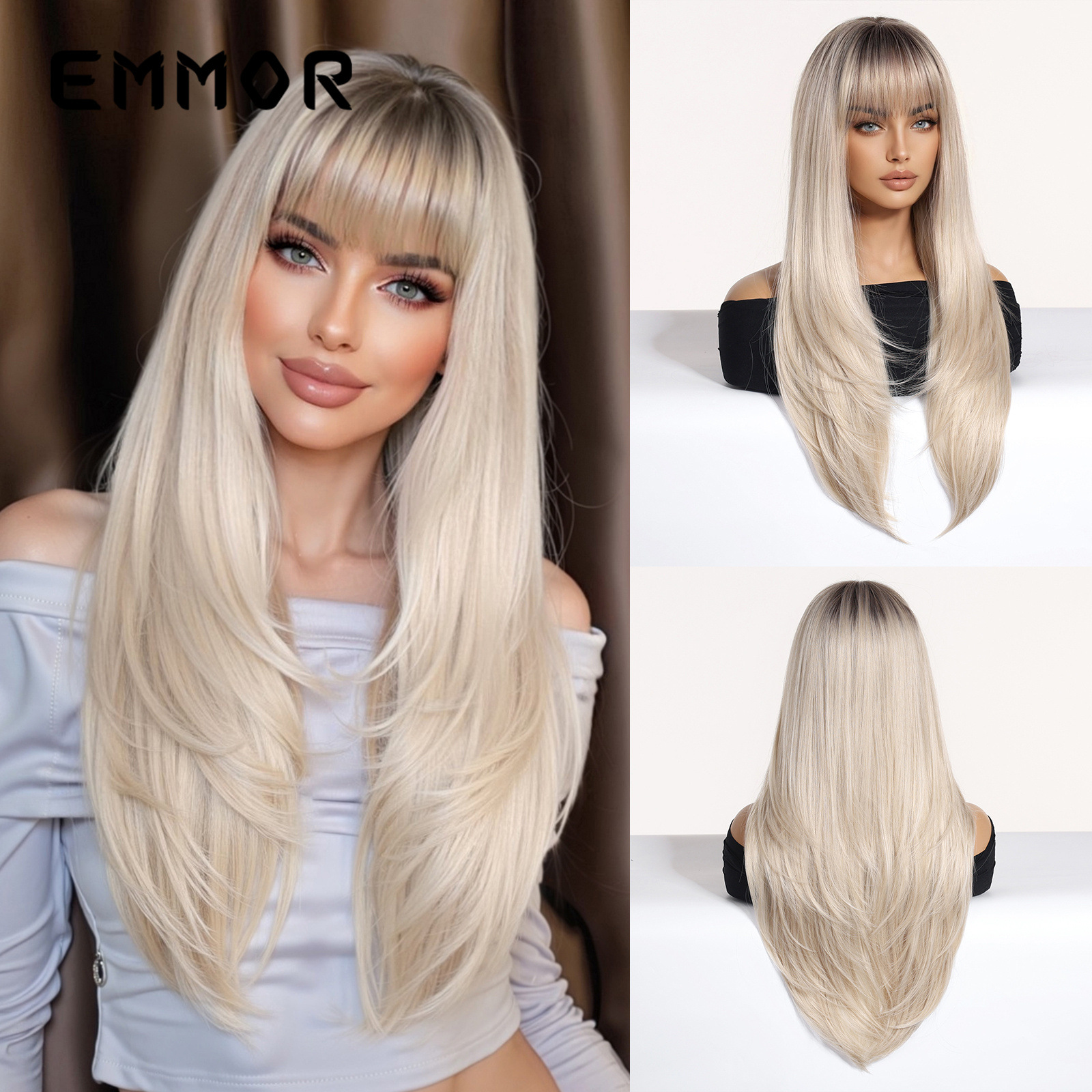 Nuevo estilo transfronterizo venta caliente Qi flequillo de alto nivel gradiente dorado largo cabello liso estilo europeo y americano peluca de moda tipo de cabello completo