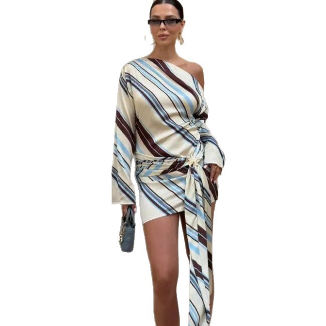 High Quality Satin Striped Ribbon Dress American Style Printed Sexy Off Shoulder Bodycon Skirt For Women_ecoleips.com